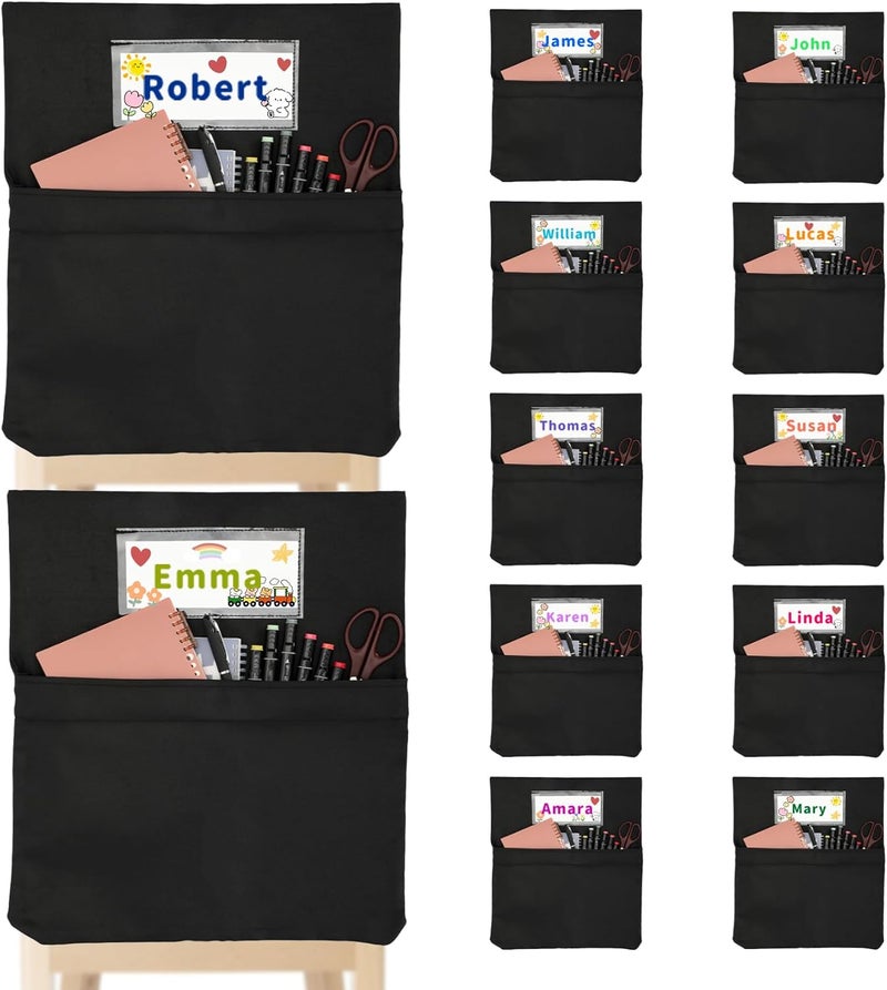 NURATIT 12 PCS Chair Pockets for Classroom, 20 x 17 Inch Extra Large Seat Sacks with Name Tags, Heavy-Duty Oxford Fabric Chair Organizers for School, Home, Office – Black - Image 1